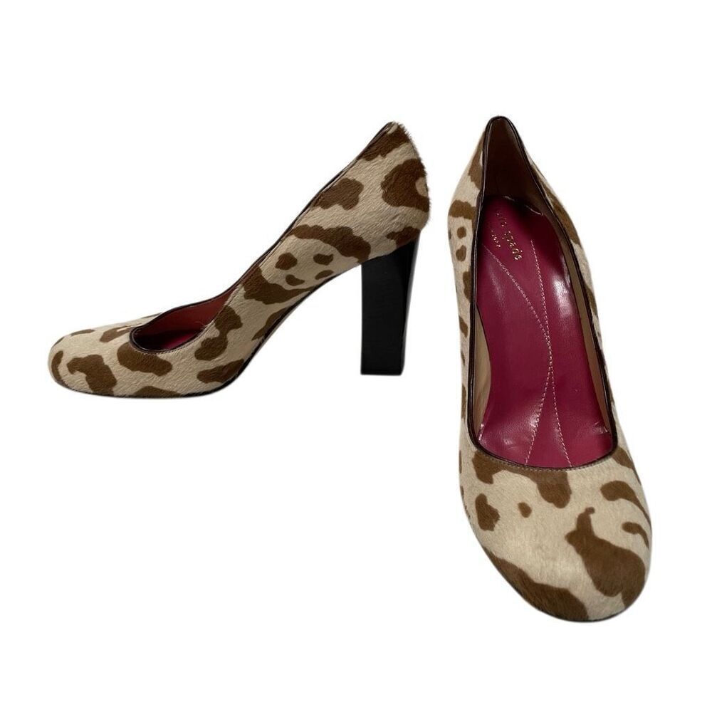 Kate Spade NY Cow Print Block Heel Pump Women’s 9 Calf Hair Italy Tan Brown